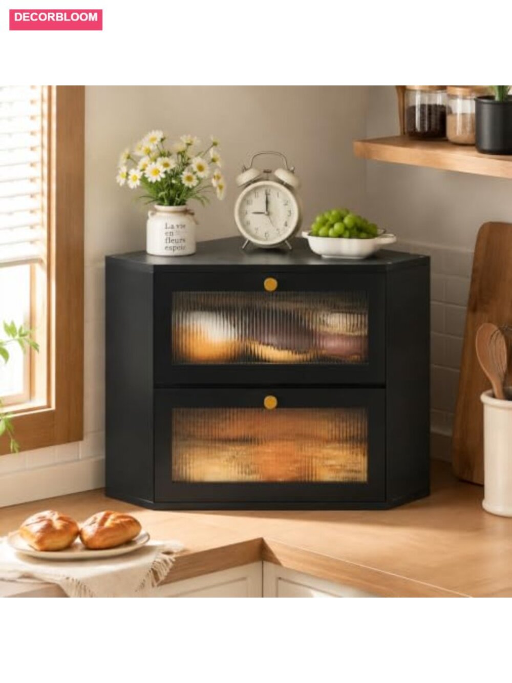 Corner Bamboo Bread Box Double Layer Storage with Transparent Door